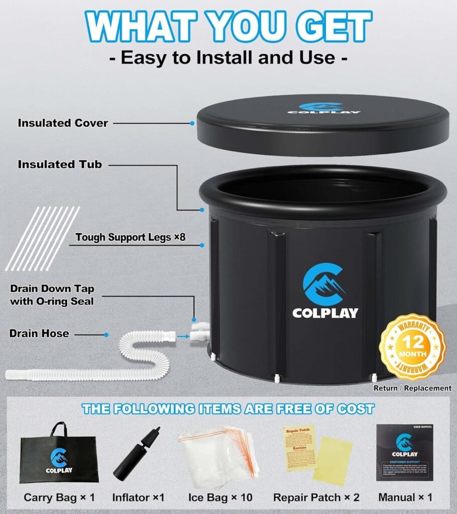 Colplay XL Large Portable Ice Bath Tub for Athletes 35.5 x 29.5, 116 gal Cold Plunge Tub Outdoor, Cold Ice Pod Tub for Cold Water Therapy Recovery, Inflatable Ice Bath Barrel Plunge Pool