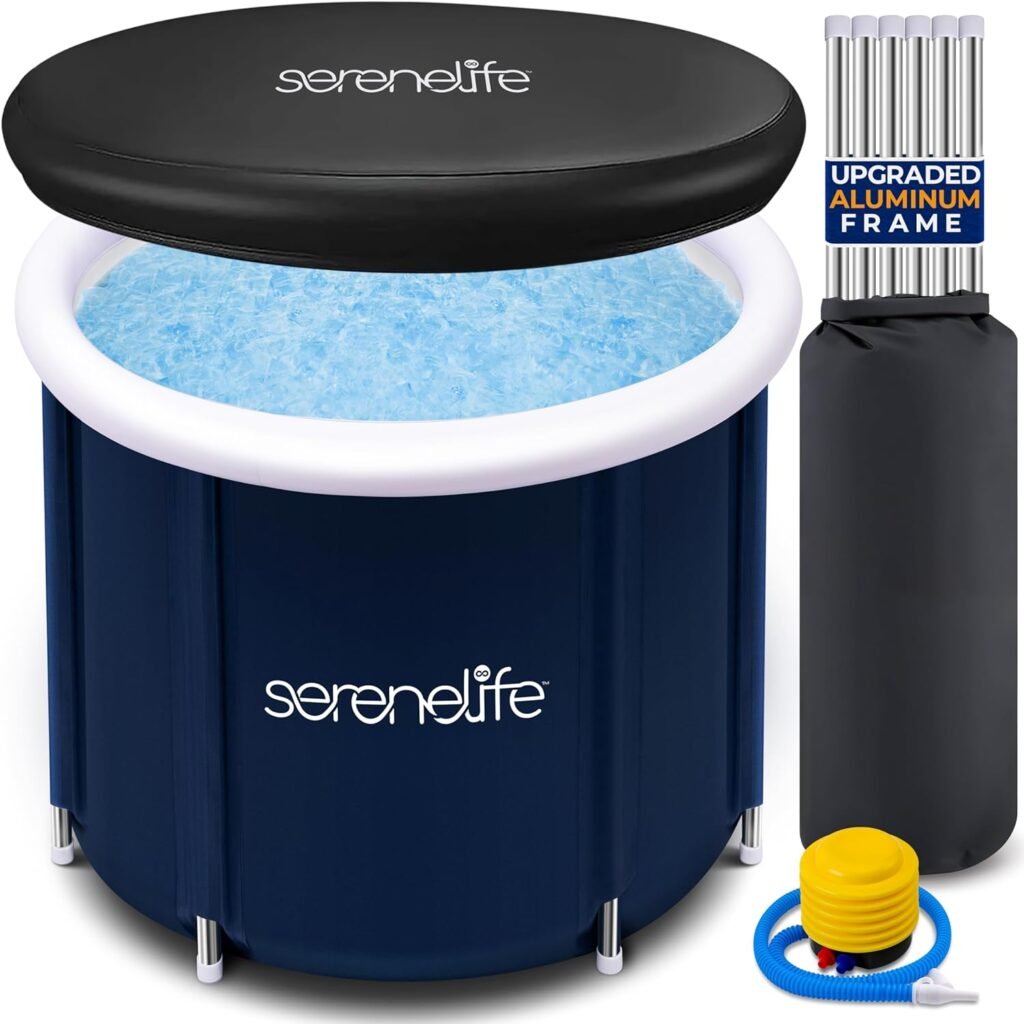 SereneLife Inflatable Insulated Cold Plunge Tub - One Person Ice Bath Tub with Lid, Cold Plunge Relaxation Pod for Athletes with 78 Gallons Capacity (Black)